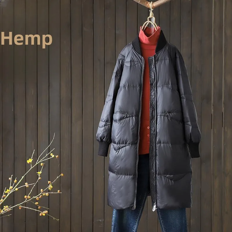 

Белый ду пух средней длины, женский повседневный свободный топ, длинный све, бейсбольный воротник длиной до колена, верхняя одежда