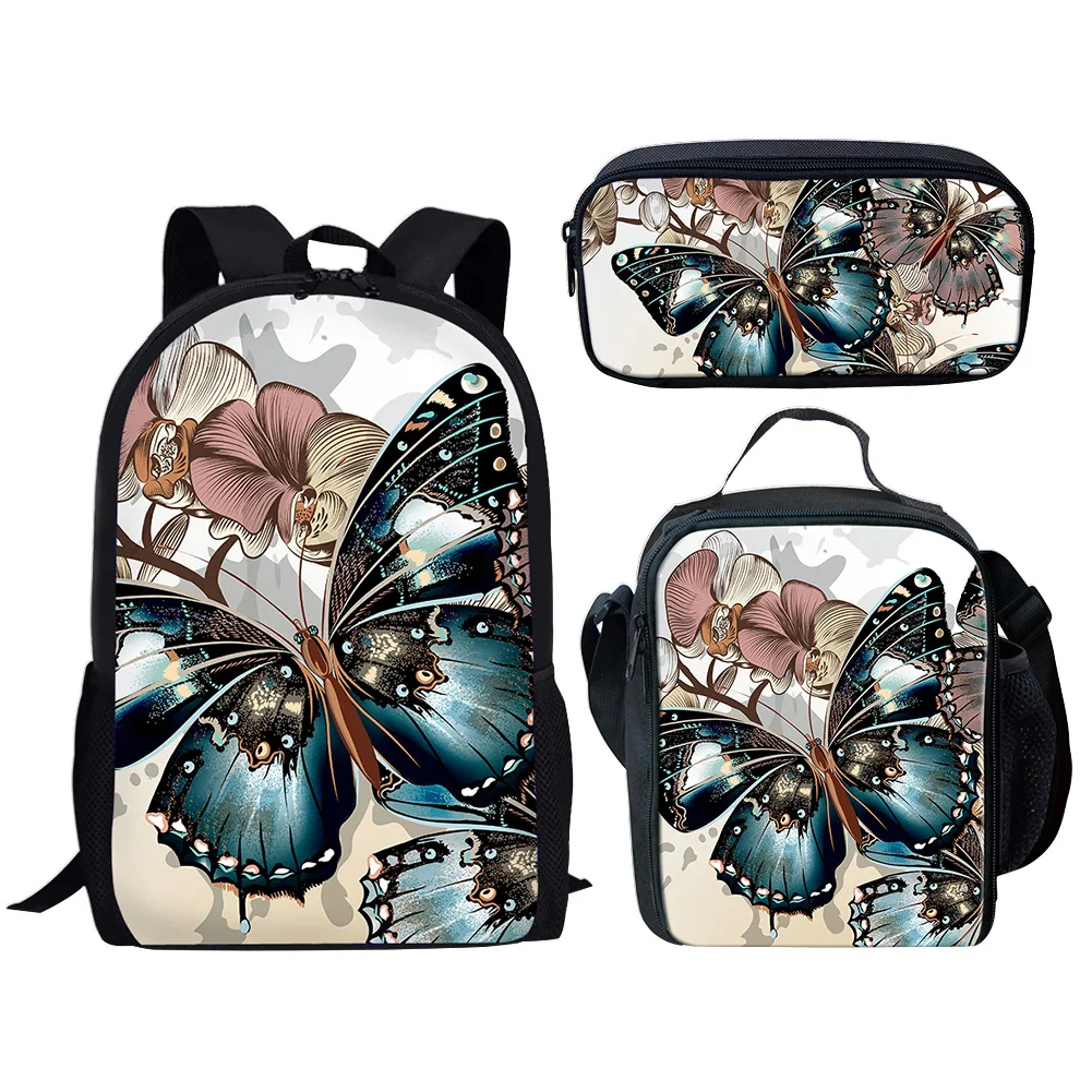 Classic Fashion novità Funny butterfly 3D Print 3 pz/set borse da scuola per studenti zaino per Laptop zaino per pranzo astuccio per matite