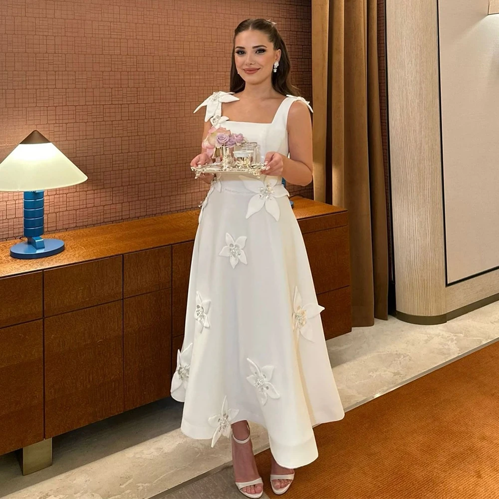

Exquisite Midi Wedding Dresses Satin A-line Wedding Party Dress Ivory Square Neck Applique Beads Sequined Modern Wedding Dress