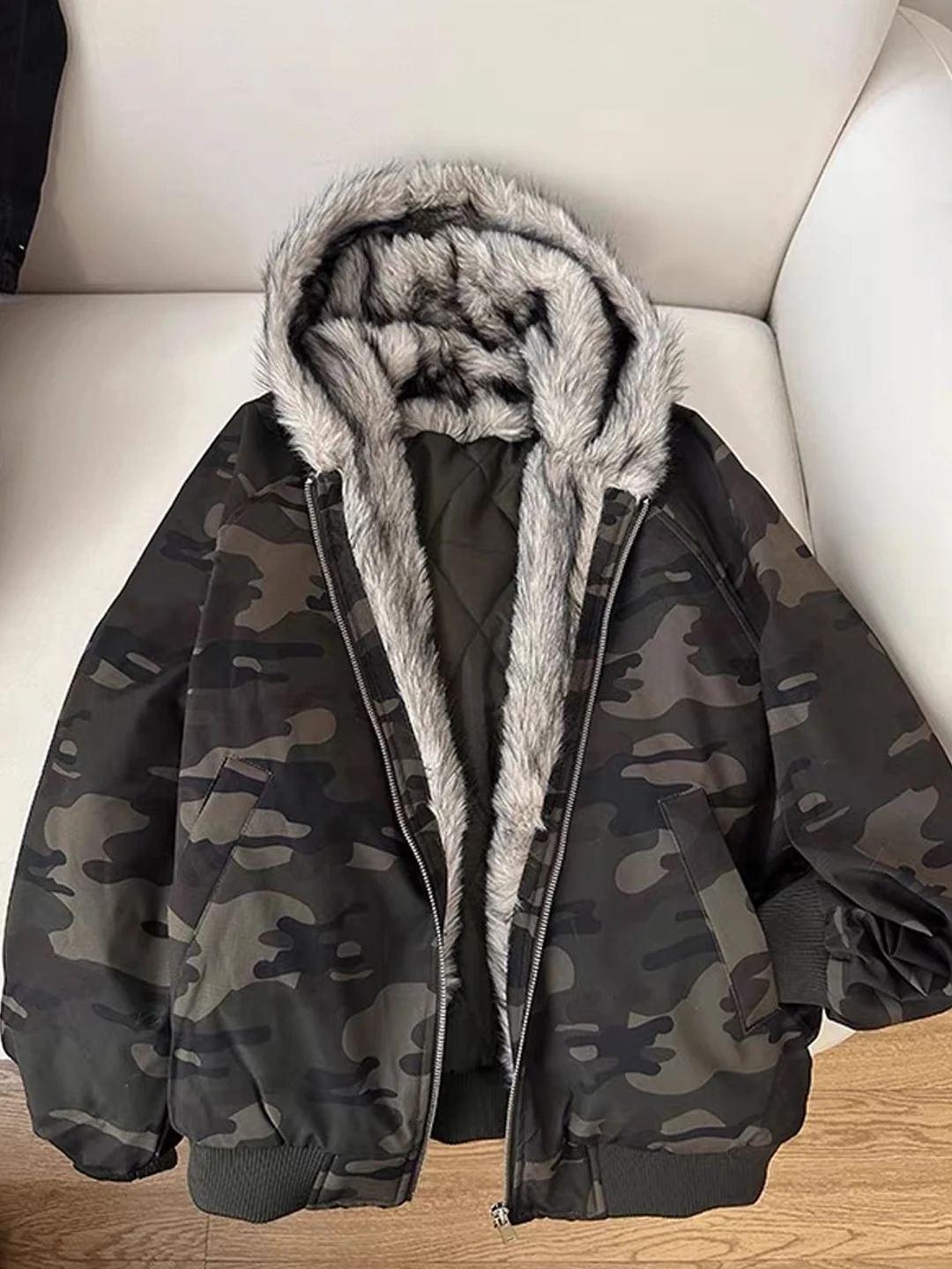 

American Retro Camouflage Fur Collar Men's Winter Thiened Cotton Jaet Youth Casual Long Sve Hooded Stand Fit Coat