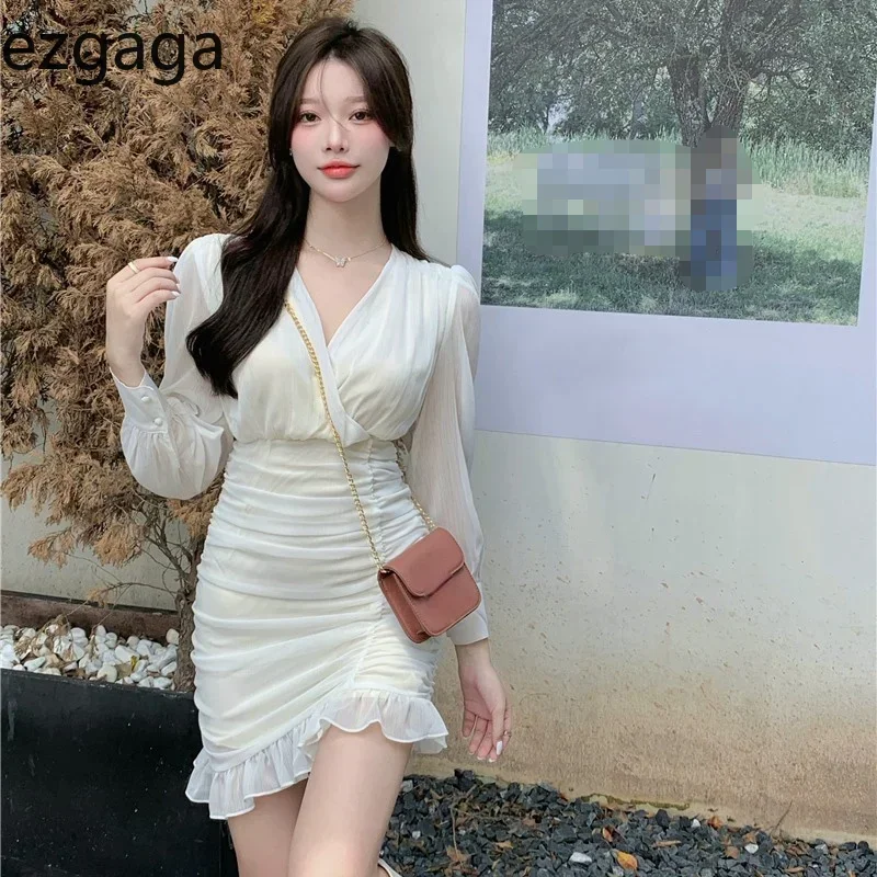 

Ezgaga Temperament Women Dresses V Neck Chiffon Patchwork Bandage Irregular Ruffles Spring New Fashion Elegant Dress