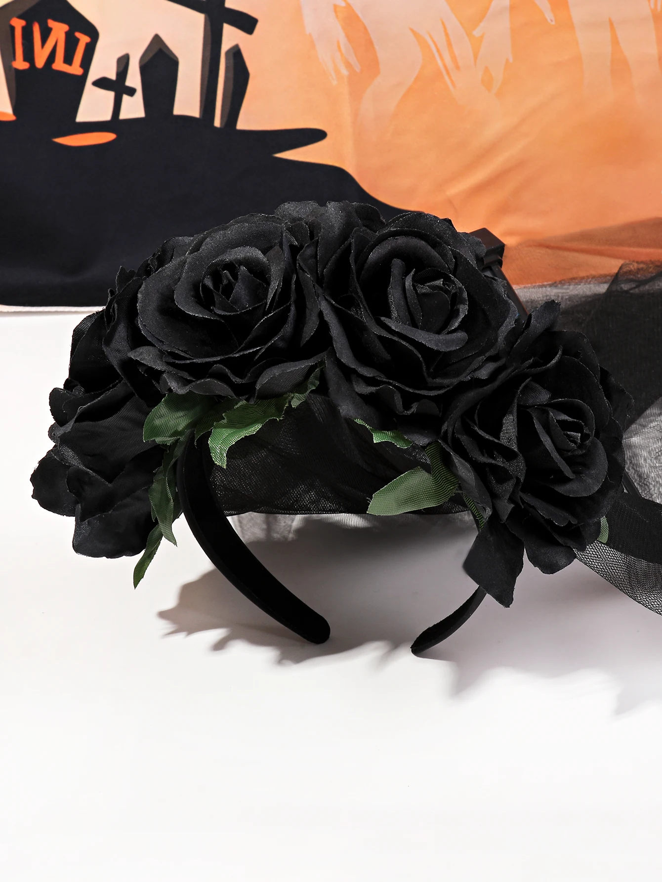 1Pcs Black Day of the Dead Headpiece Rose Floral Crown Veil Halloween Costume Mexican Headband