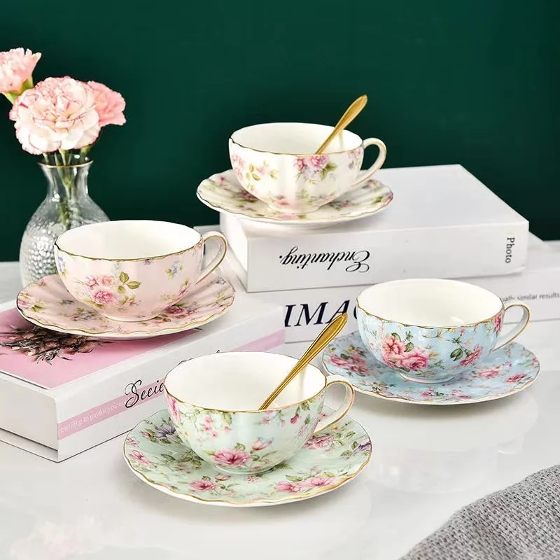 

Ldyllic Flowers Tea Set Ceramic Coffee Cup Suit British Style High-Grade Bone China Golden Edge Tea Cup And Saucer With A Spoon