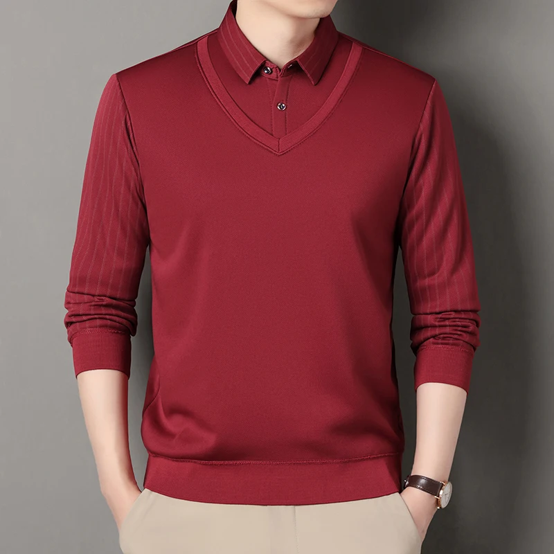 Otoño Invierno, suéter de punto falso de dos piezas para hombres, jerseys de punto con cuello de camisa a la moda, prendas de punto de lana ajustadas informales inteligentes para hombres