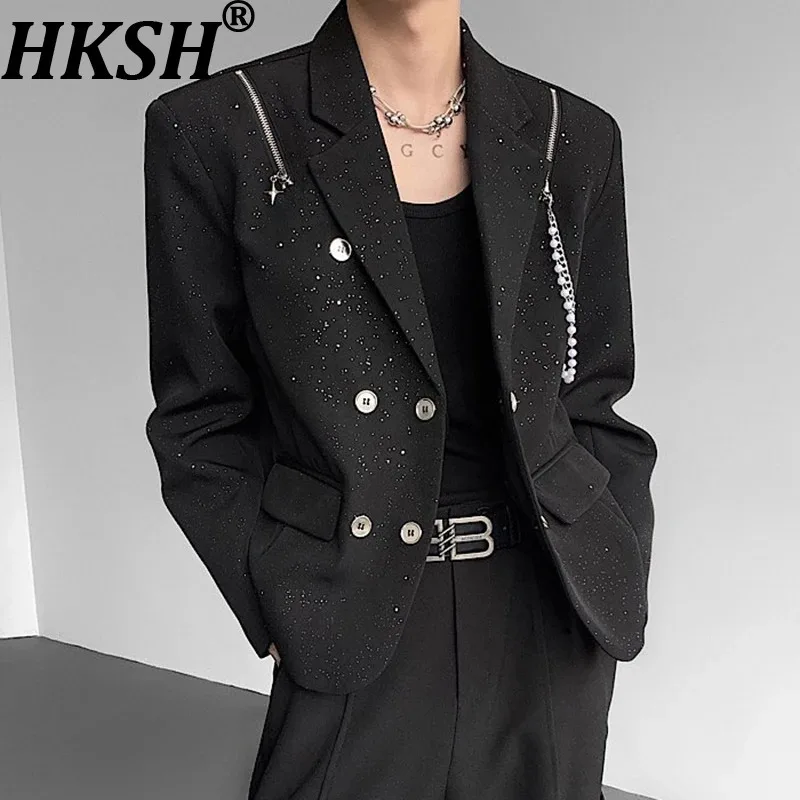 

HKSH нишевый дизайн, мужской пиджак с лацканами и блестками, цепочки, украшения на молнии, лоскутный тройной пиджак контрастного цвета, HK15334