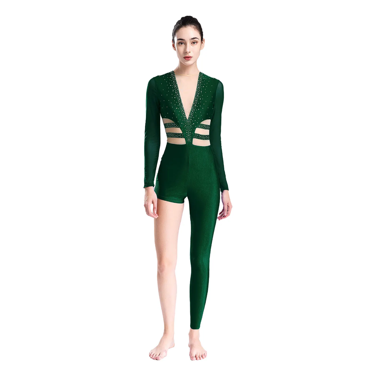 

Women Leotards Unique Asymmetrical Jumpsuit Gymnastic Performance Sheer Mesh Long Sleeve Shiny Rhinestones Bodysuit One-piece