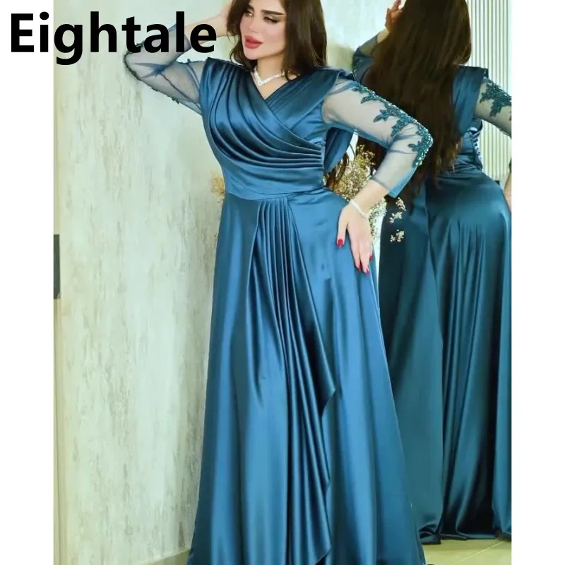 Eightale 2023 Dubai Satin A Line Evening Dress V Neck Long Sleeve kaftan Floor Length Beaded Prom Dress Dubai Party Customized