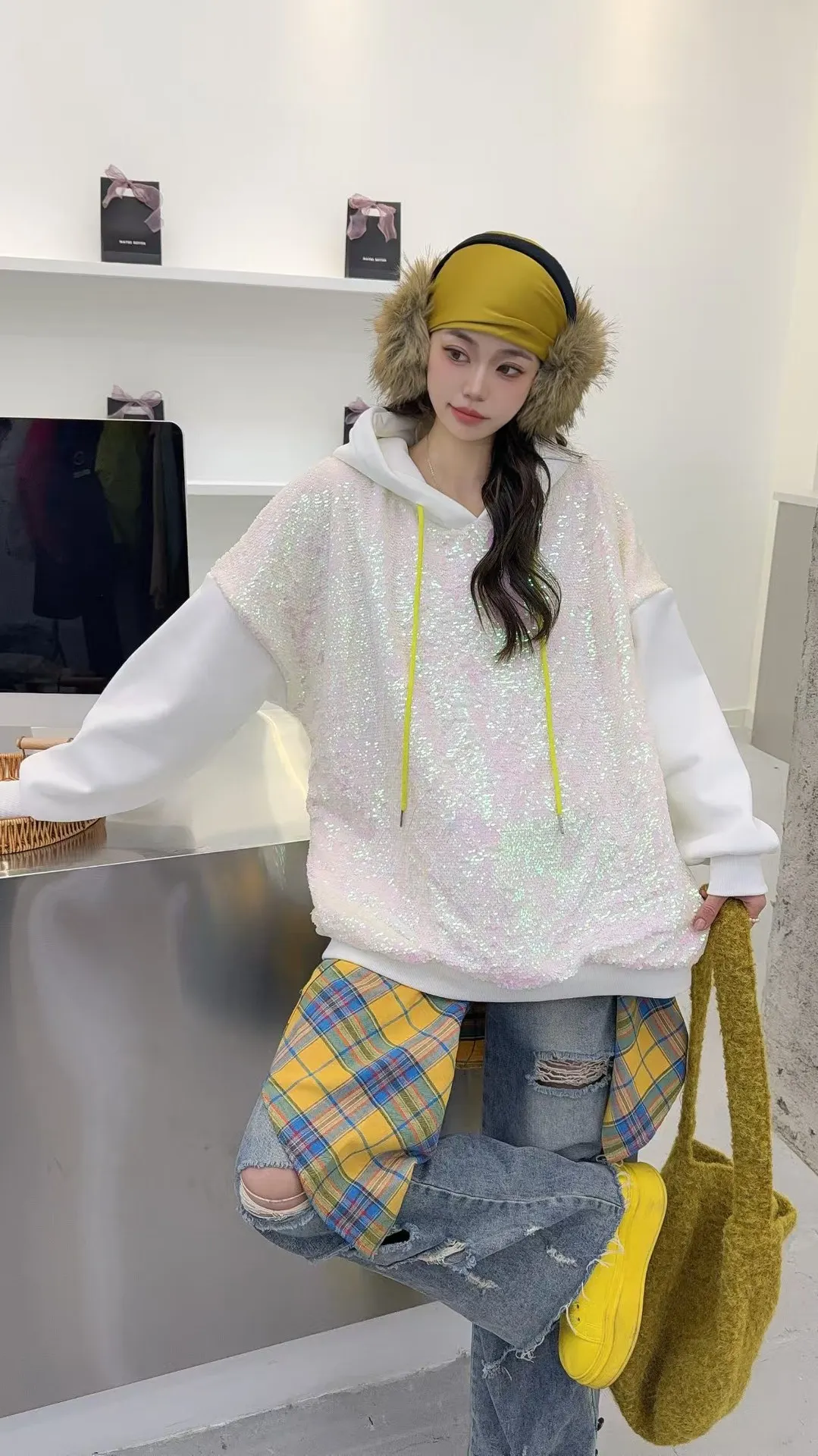 스팽글 패치워크 오버사이즈 후드티 여성 Y2K 의류 2025 겨울 플리스 캐주얼 루즈 풀오버 아우터웨어 가슴둘레140cm