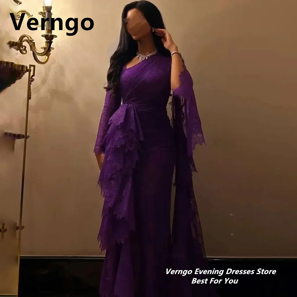 Verngo Purple Lace Evening Dresses One Shoulder Long Prom Gowns Dubai Arabic Formal Dress Sweap Train Prom Dress