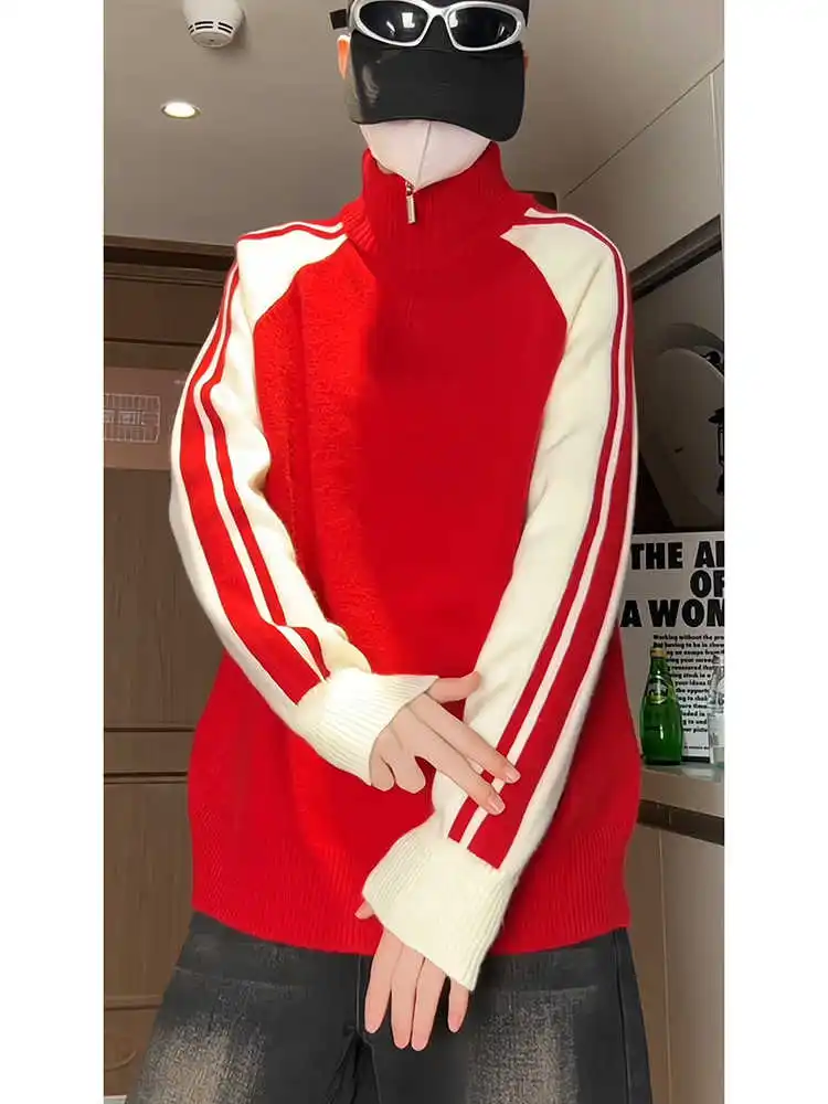

Men's High Collar Striped Knit Sweater Winter f Zip Red Jaet American Retro Sweatirt Casual Loose Fit Breathable