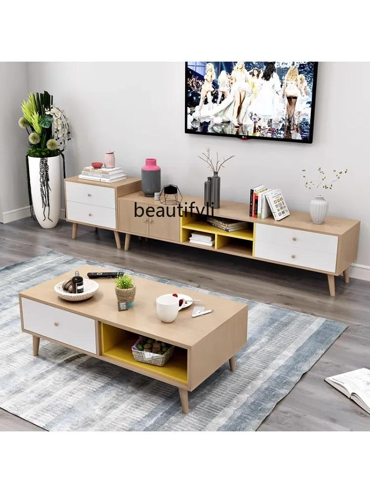 Nordic Coffee Table TV Cabinet Unit Wood Color Rectangular Storage Organizer Household Living Room Tea Table furniture