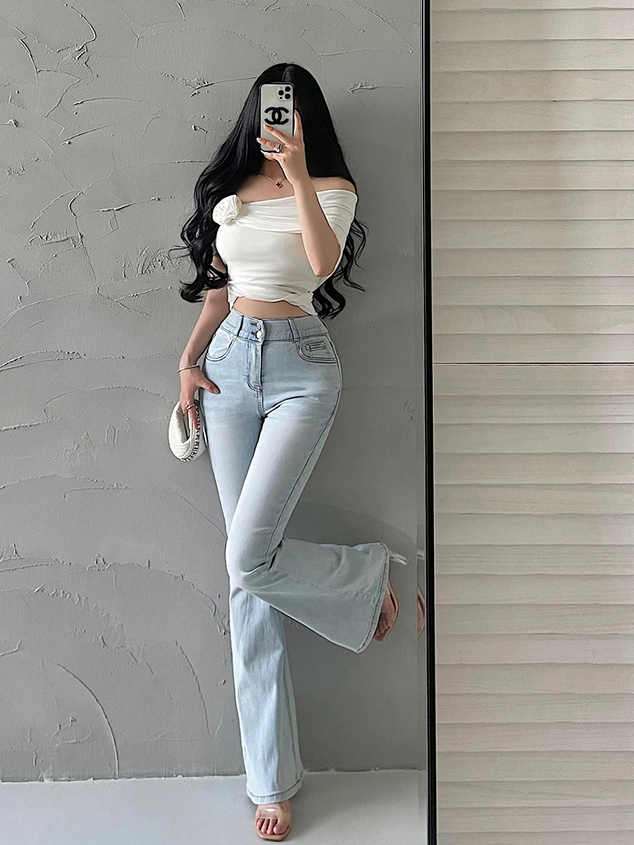 High Waist Flared Jeans Korean Cartoon Illusory Leg Lengthening Hip Enhancing Long Pants Women's Premium Fashion Jeans