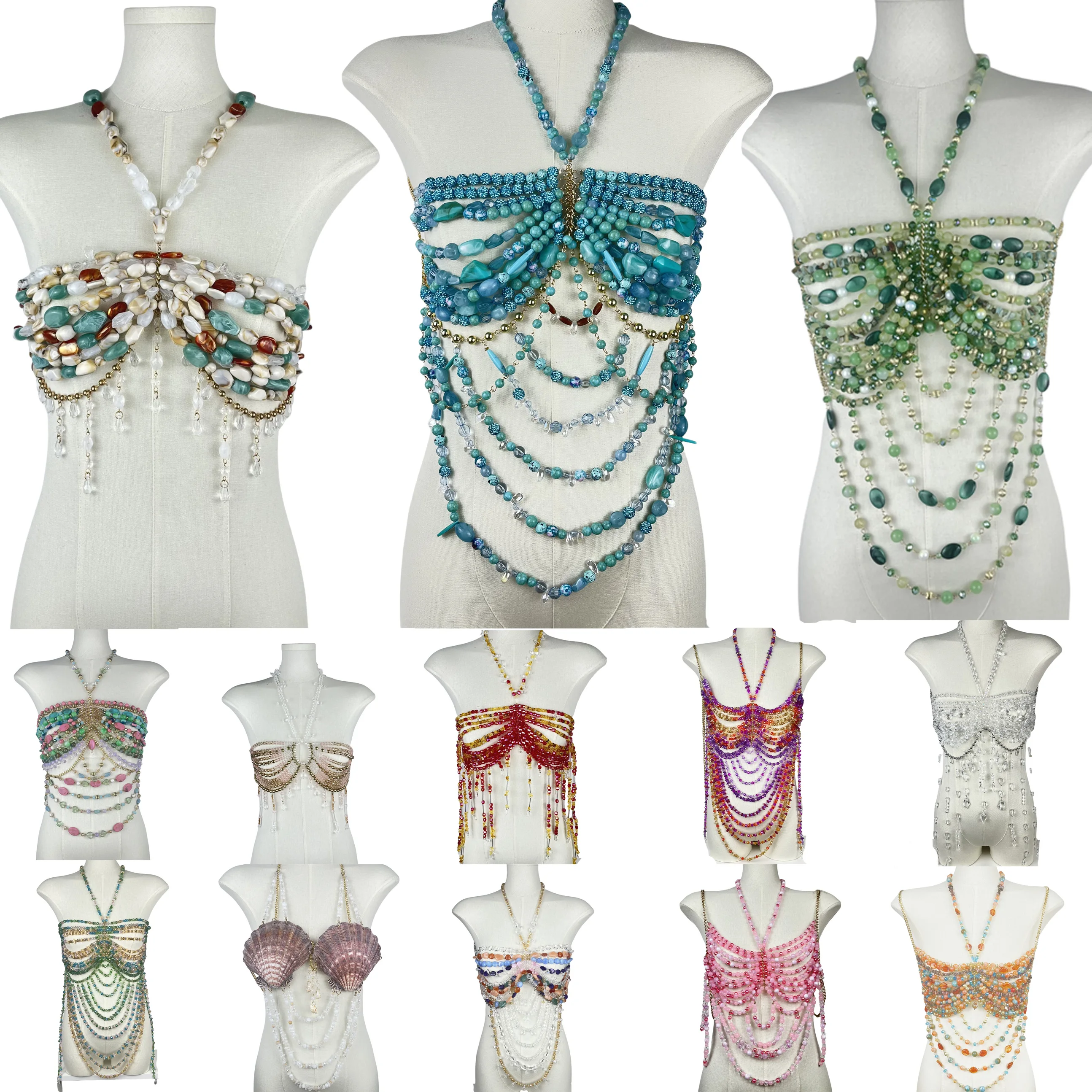 

Multi-style Handmade Beaded Tops Colorful Halter Body Chains Sexy European and American Party Chest Ornaments