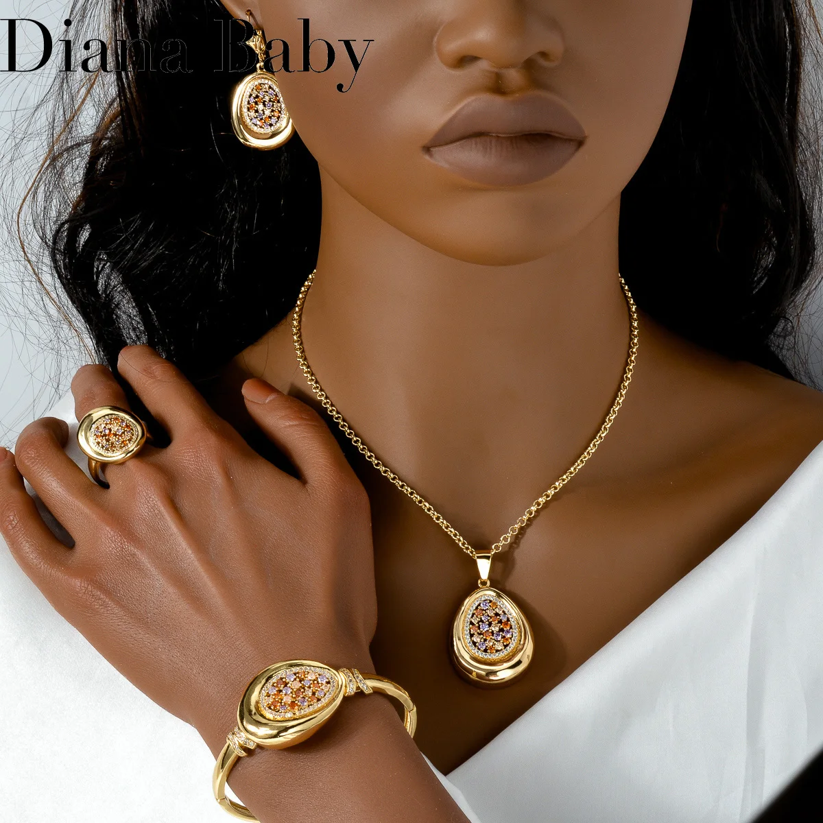 Dubai Gold Color Jewelry Set Water Drop Pendant Necklace Bracelet Earring Rings Colorful Cubic Zirconia For African Wedding Gift