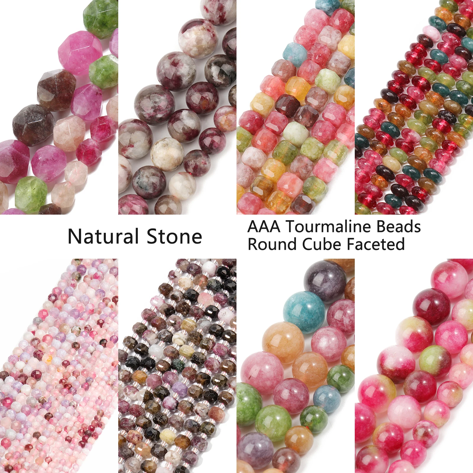 High Quality Tourmaline Beads Natural Stone Round Cube Faceted Rondelle Loose Beads for Jewelry Making DIY Bracelets Accessories