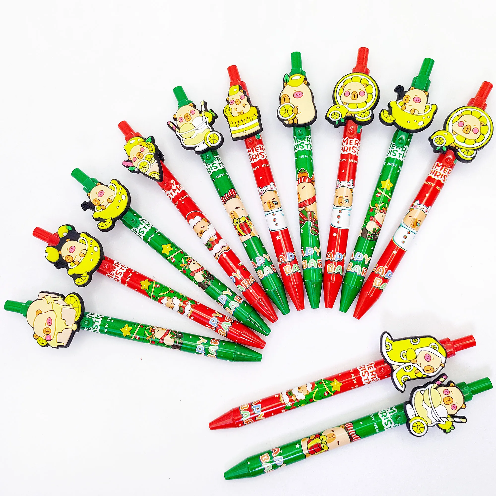 

9pcs/18pcs Christmas themed writing gift pens with lemon shaped Capibala series ballpoint pens and holiday gifts.