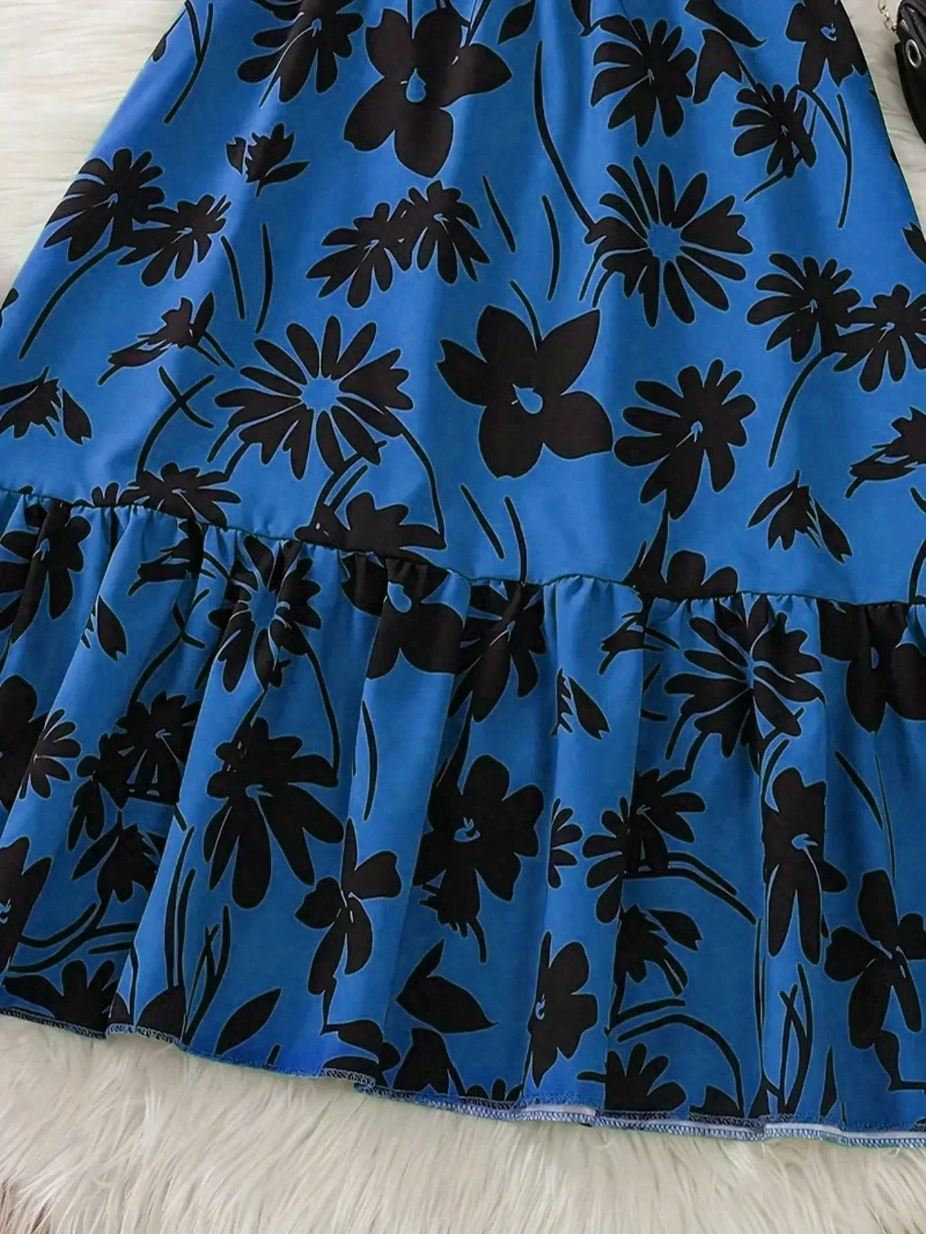 

Blue Floral Print Midi Dress With Belt Ruffle Sleeves Casual A-Line Women Summer