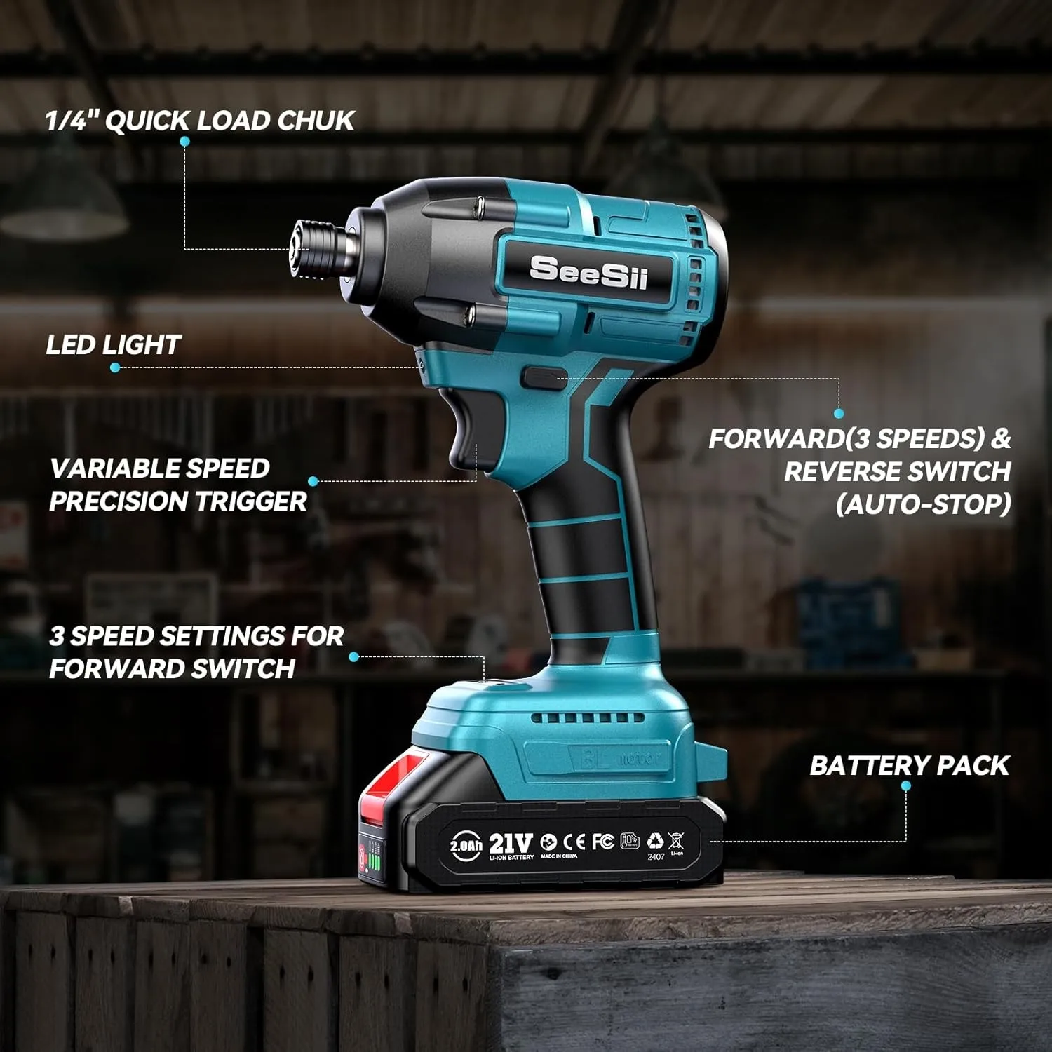 Seesii Electric Screwdriver 180N.m Wireless Brushless Impact Drill Electric Impact Driver Kit for Makita 21V Max With 2*2.0Ah Batteries - view 8