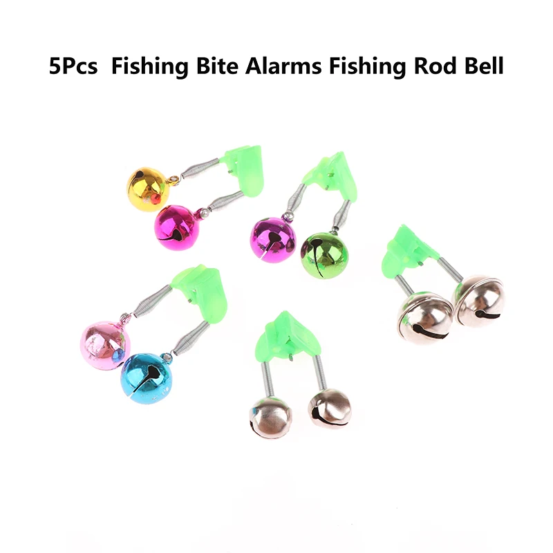 5pcs/lot Fishing Bite Alarms Fishing Rod Bell Rod Clamp Tip Clip Bells Ring Green ABS Fishing Accessory Outdoor Metal