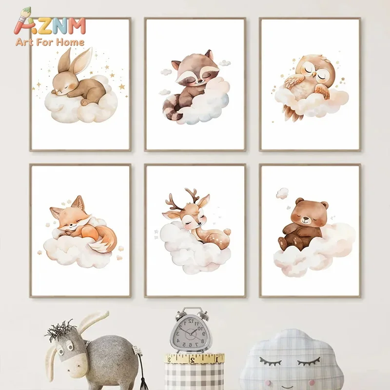 AZNM Watercolor Fox Deer Bear On Cloud Nursery Canvas Wall Art Decor