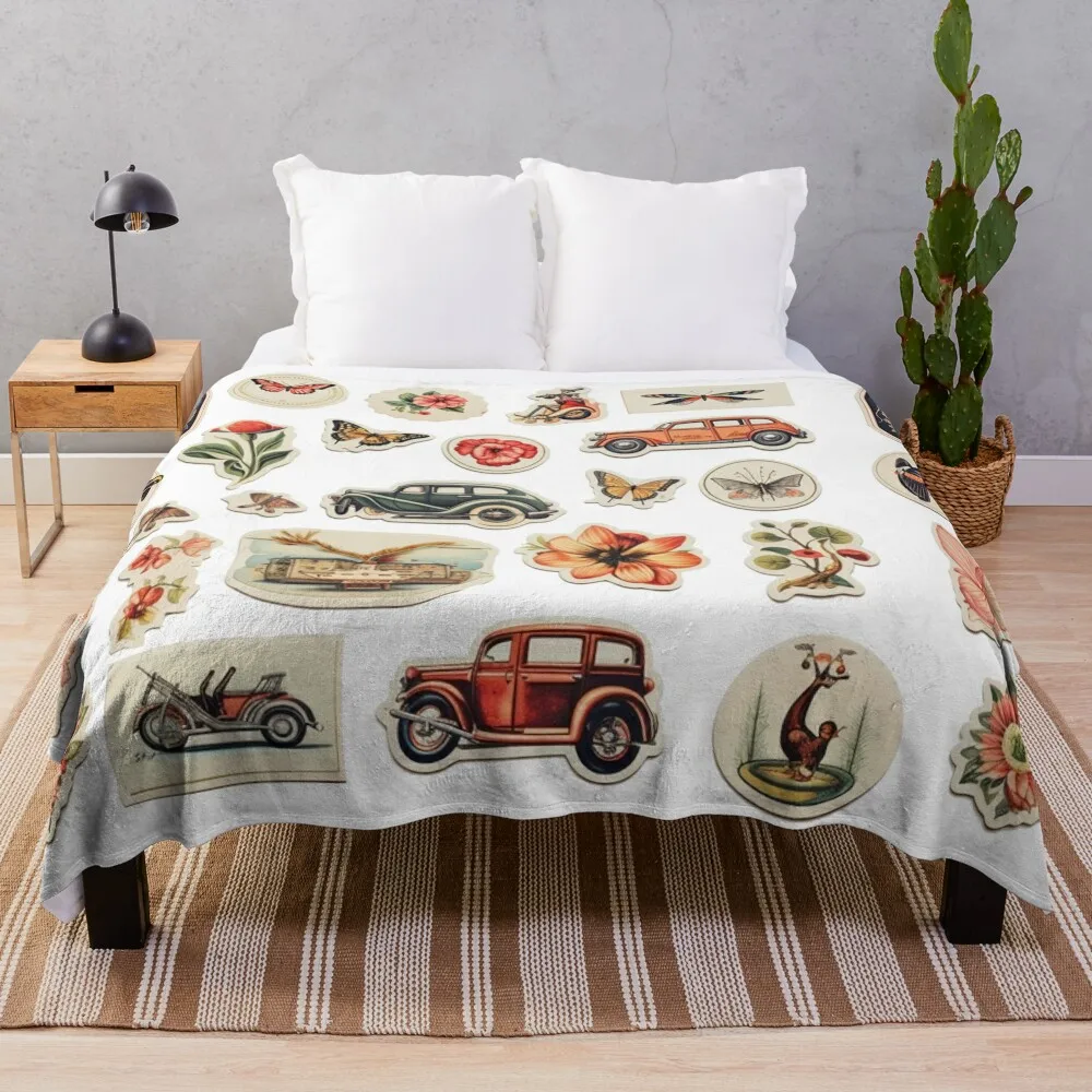 

Vintage Nostalgia: Classic Car and Nature Themed Sticker Collection - On White Background Throw Blanket Weighted Picnic Blankets