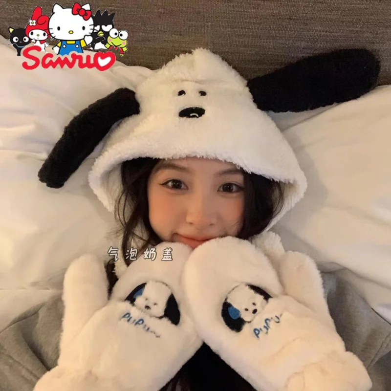 

Sanrio Pochacco Plush Adult Hat Japanese Cute Sweet Puppy Cartoon Kawaii Keep Warm Winter Furry Anti-Cold Christmas Day Gifts