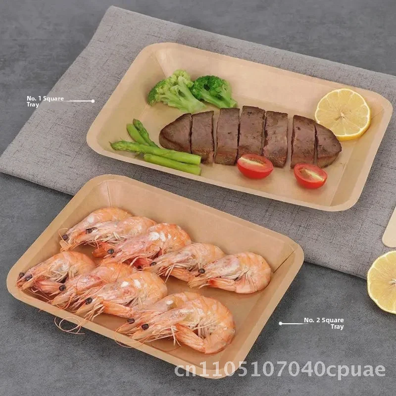 

Пищевые одноразовые тарелки из крафт-бумаги, разлагаемый прямоугольный поднос для закусок, тарелка для барбекю, 100 шт., экологически чистая бумажная посуда