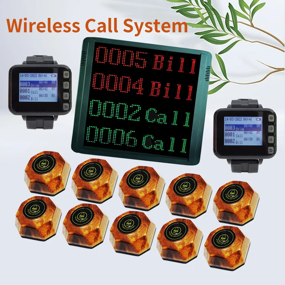 

Wireless Calling System Customer Call Bell with 10 Waterproof Call Buttons and 1 Display Receiver 2 Watch for Dessert Shop