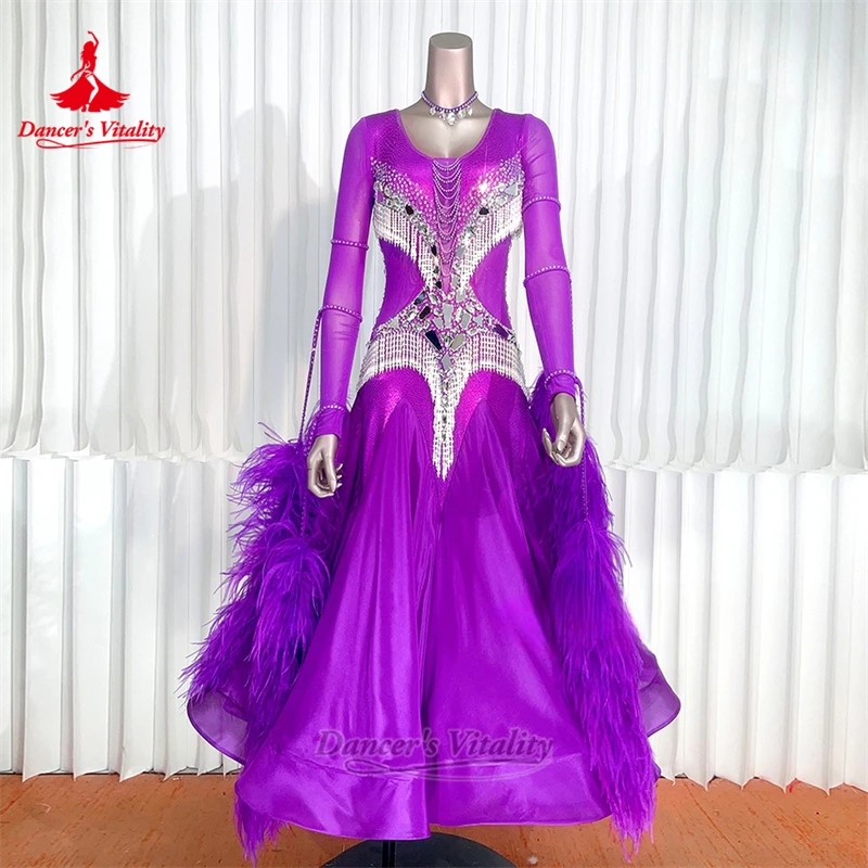 Femmes danse de salon plume d'autruche manches longues robes personnalisé adulte valse Foxtrot gracieux concours vêtements danseur vitalité