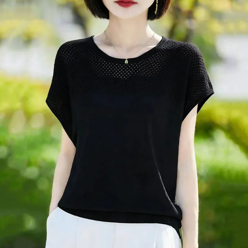T-shirts Women Short Sleeve Hollow Out Knit Pullover Solid Simple Ladied Loose Casual Fashion All-match Top Streetwear Summer