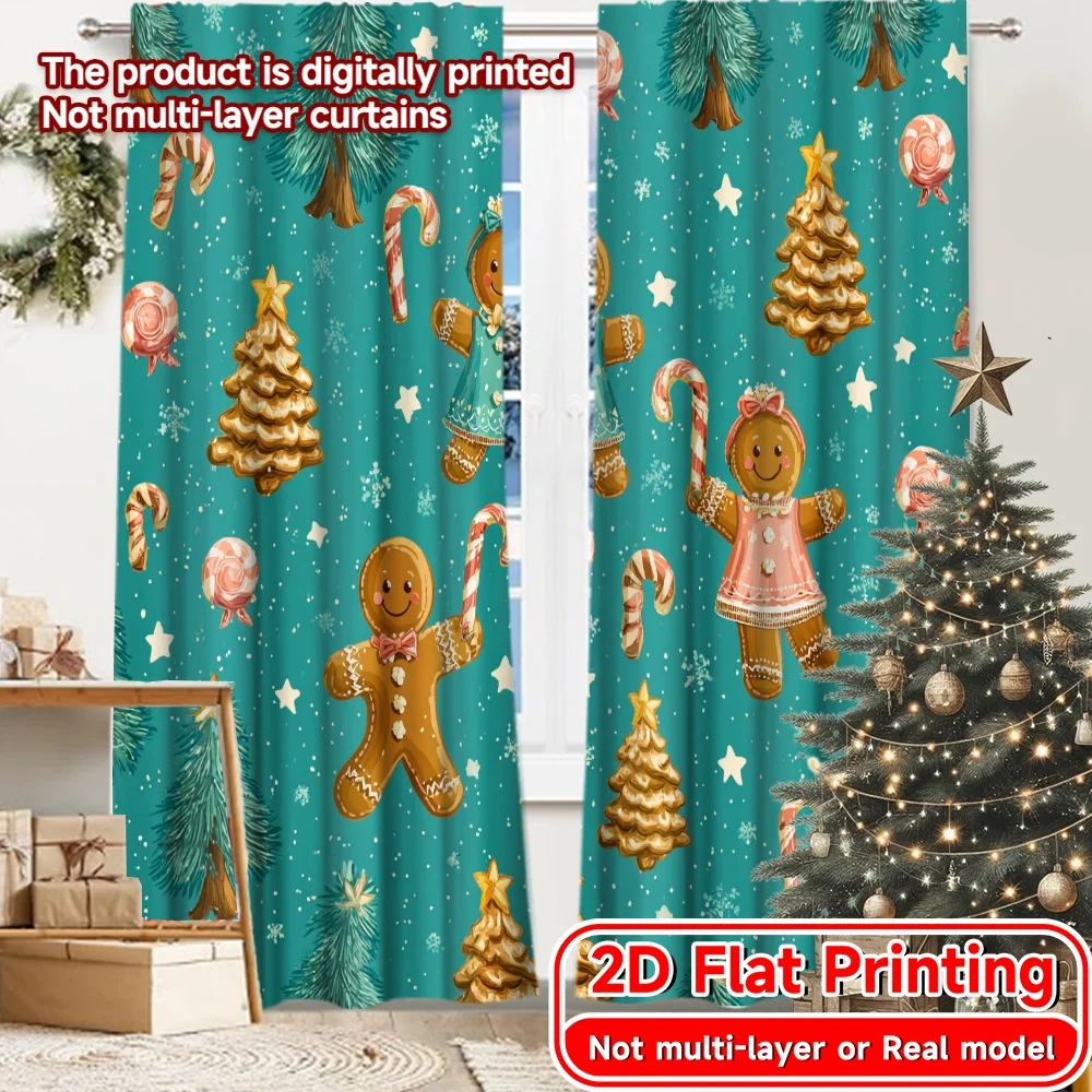 2D Flat Printing,2pcs Gingerbread Joy Chic Chic Curtains Semi-Sheer Curtains Decorations Inside Decorative for Bedroom, Living