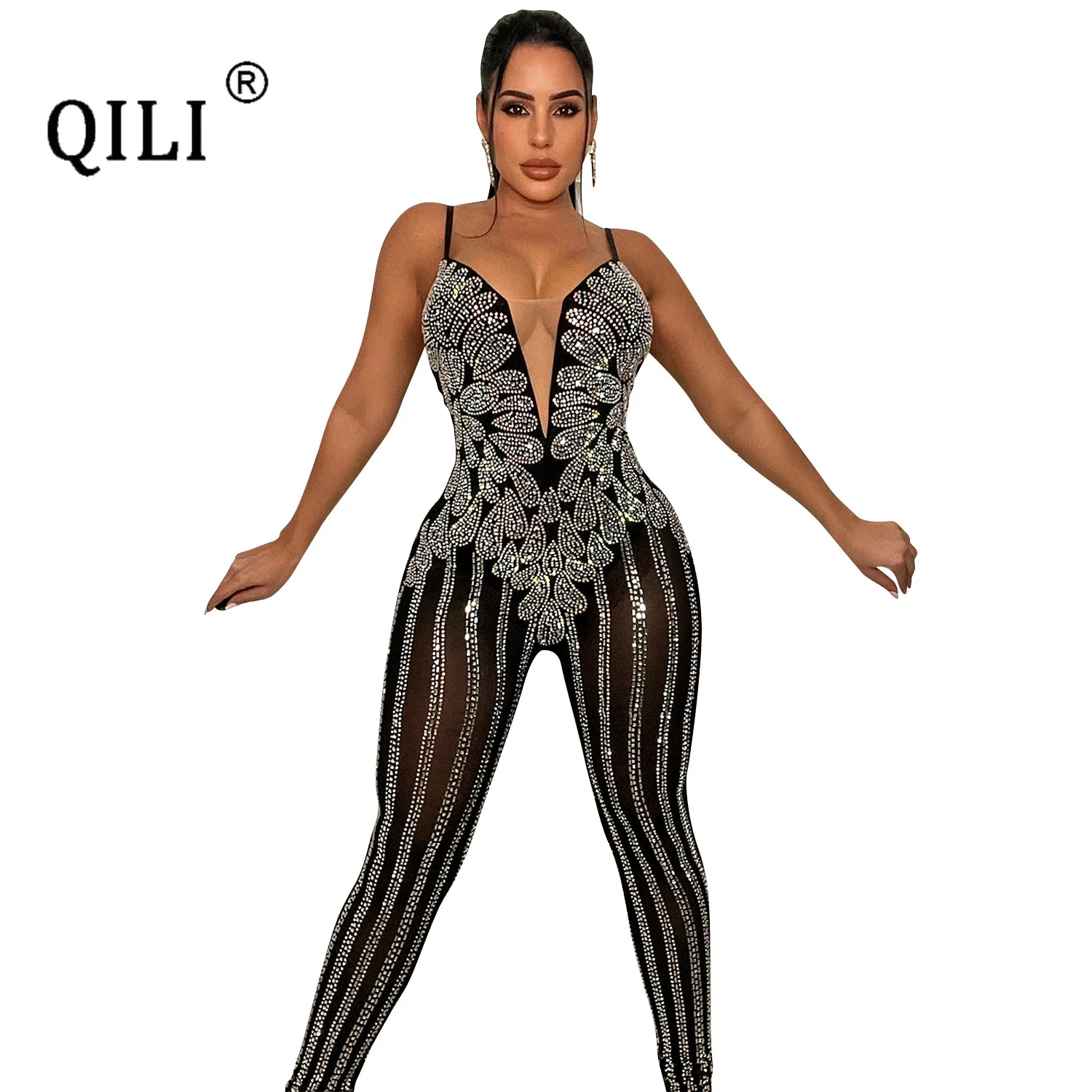 QILI-Monos de tirantes transparentes sexis para mujer, diamantes ajustados, longitud completa, mamelucos de fiesta de club, negro, caqui