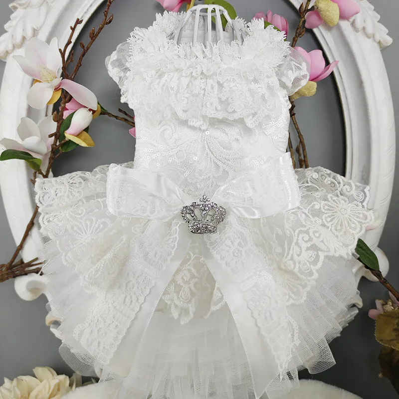 Pearl Shiny Pet Wedding Dress Satin Lace Tutu Skirt with Bow Harness Outfit for Small Dogs & Cats Bridal Party Wear