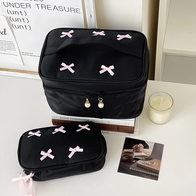 Simple Bow Black Makeup Bag Portable Zipper Storage Bag Pencil Case Cosmetic Organizer Travel Toiletry Case Handbag Girl Gift