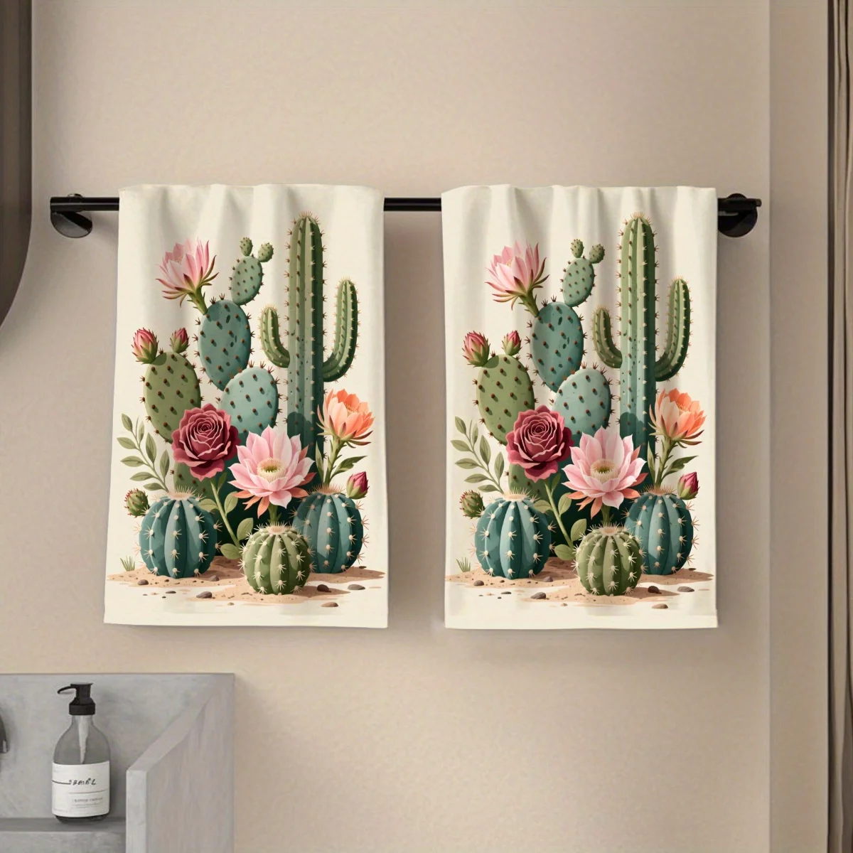 2 per pack, towel, single-sided print, rectangle, 2D cactus pattern, illustration style