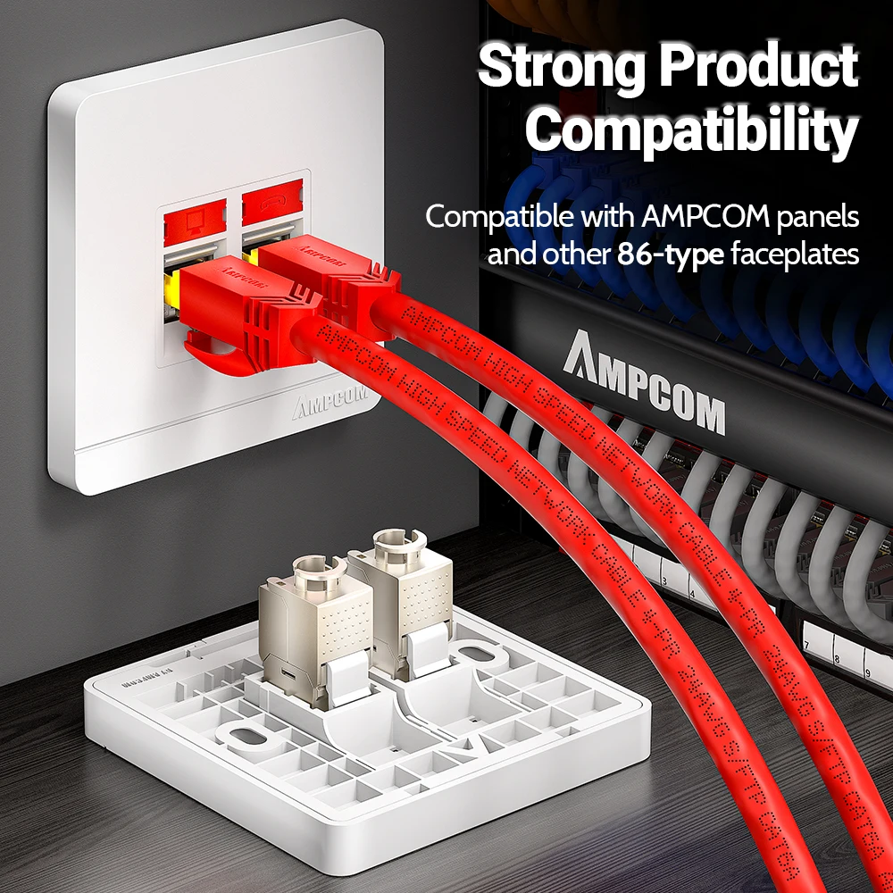 Fotografia 5: Conector Keystone Blindado AMPCOM Pro+ Cat7/6A/6 em Liga de Zinco RJ45 Sem Ferramentas com Pinos Banhados a Ouro 50u para Rede de Alta Velocidade