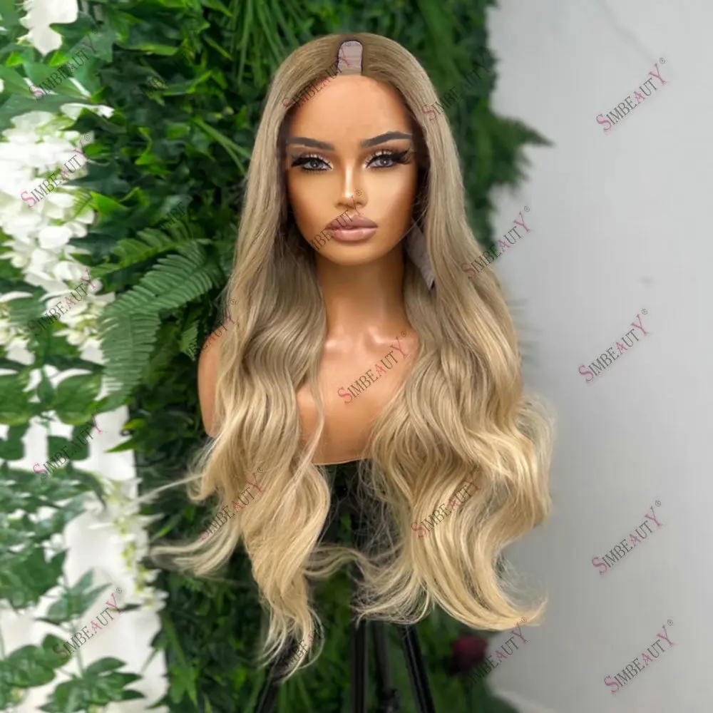 

Slightly Wavy Rooted Light Golden Blonde 100% Virgin Indian Hair Full Machine Made U Part Wig Human Hair for Women Daily Wear