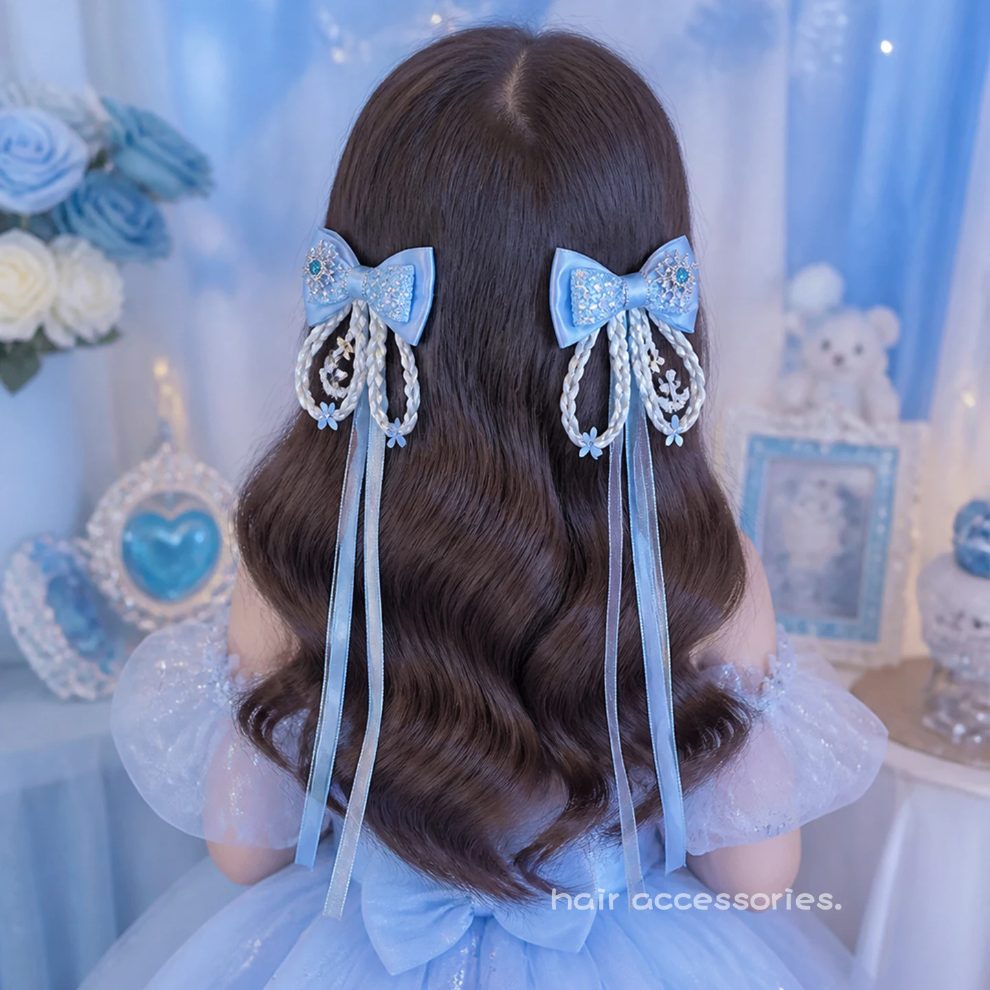 2026 Neue Winter-Haarspangen in Blau mit Zopf-Quaste, Schneeflocken-Strass-Schleife, Schonende Haarklammern für Babymädchen-Geburtstagsfeiern – Detail 7