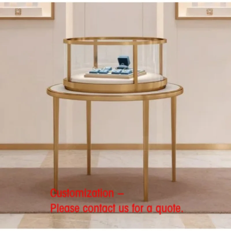 custom.High End Circular Jewelry Display Cabinet Freestanding Glass Showcase with White Velvet Base LED Lighting Rin
