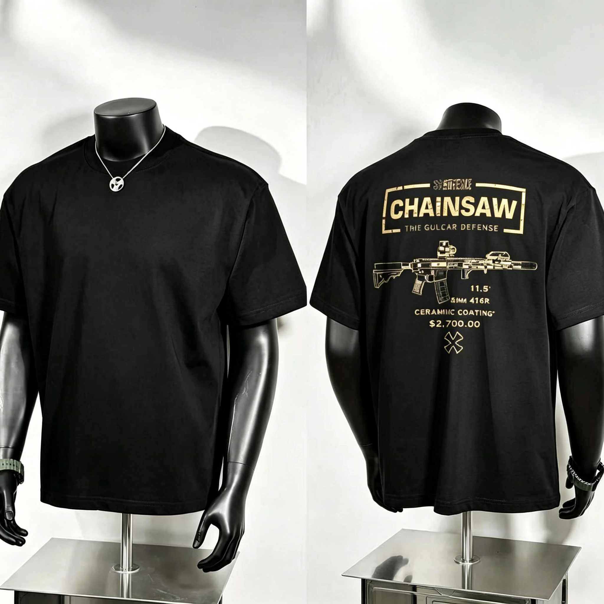 Chainsaw Graphic T Shirt, Solid Plain Chest Design and Large Vintage Gold Framed Firearm with Spec and Price Marking Back Print