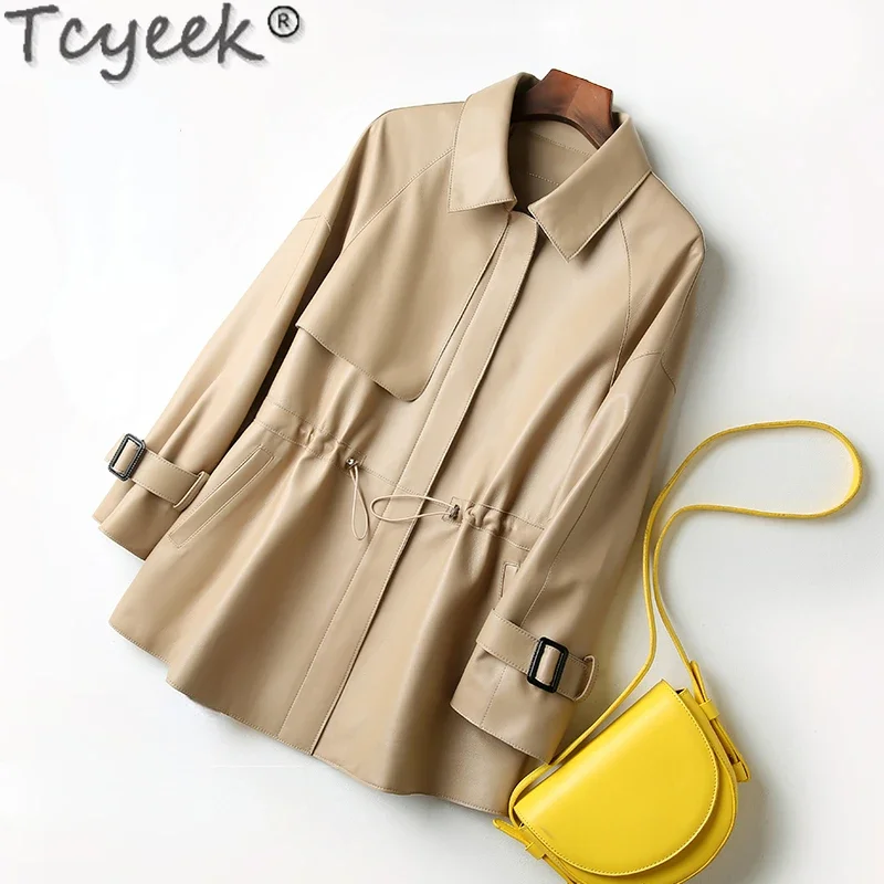 Tcyeek giacca in vera pelle donna Trench di media lunghezza per abbigliamento donna vita autunno inverno strato superiore cappotti in pelle di pecora Slim Fit