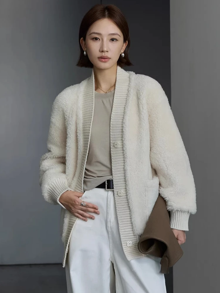 

High-end Luxury Merino Sheep Fur Jackets for Women Simple Splicing Knitting V-neck Casual Winter Genuine Leather Real Fur Coat
