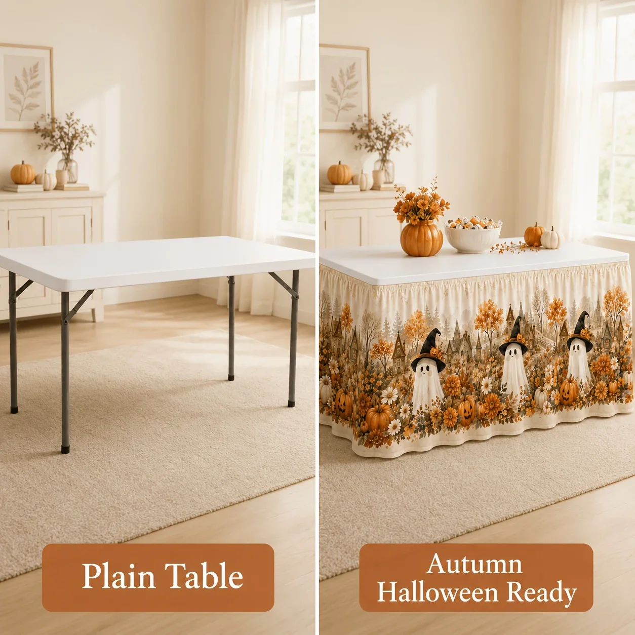 One cream-colored ruffled tablecloth featuring a vintage pumpkin and flower pattern,suitable for Halloween and autumn partiesxzj