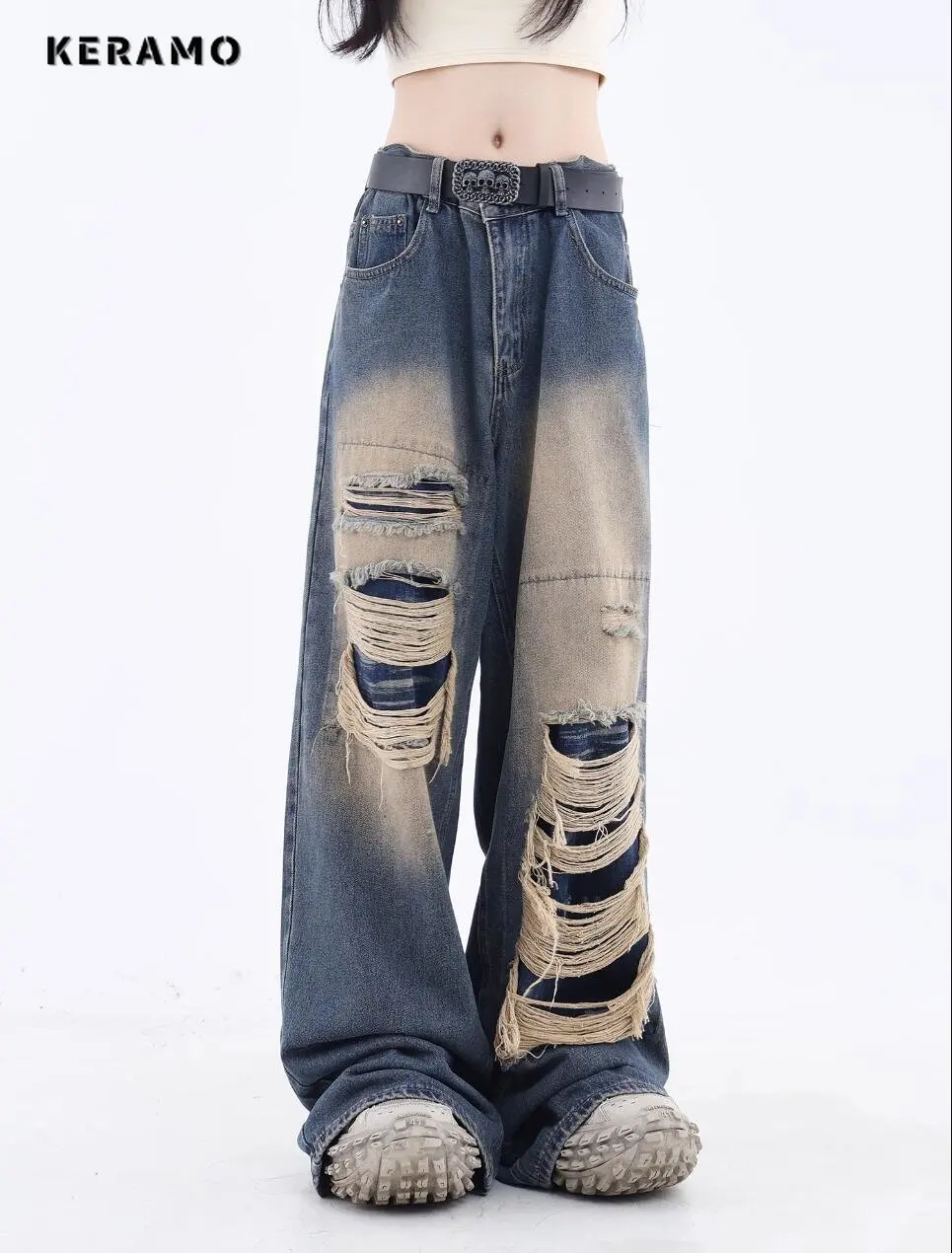 

Женские свободные джинсовые брюки, винтажные брюки в американском стиле ретро с высокой талией, Свободные мешковатые рваные джинсовые брюки в уличном стиле с широкими штанинами, Y2K, лето 2023