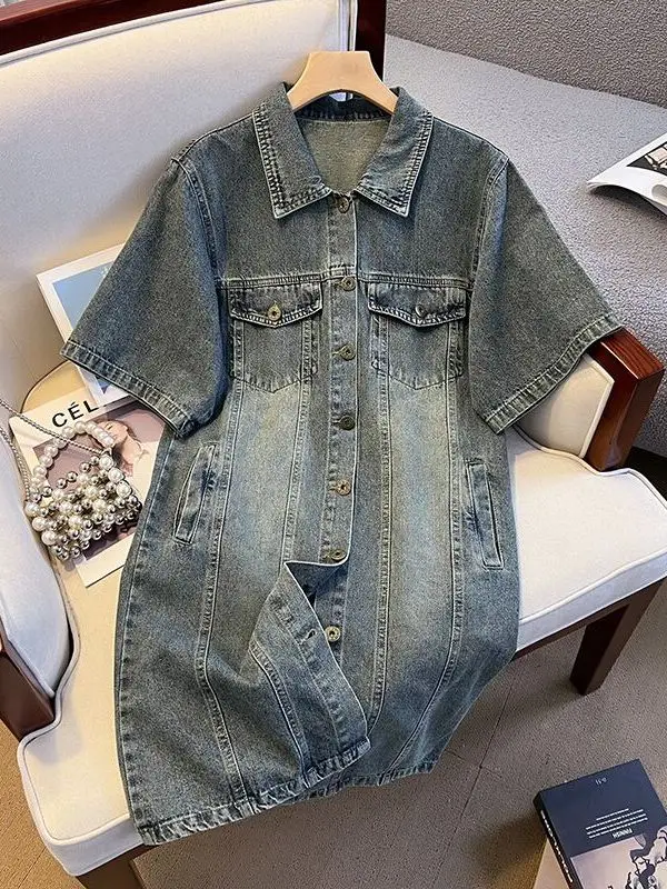 

Faionable Button-Design Denim Dr Women's ature Slimming High Waist Loose Fit Casual ort Sve Collar Dr