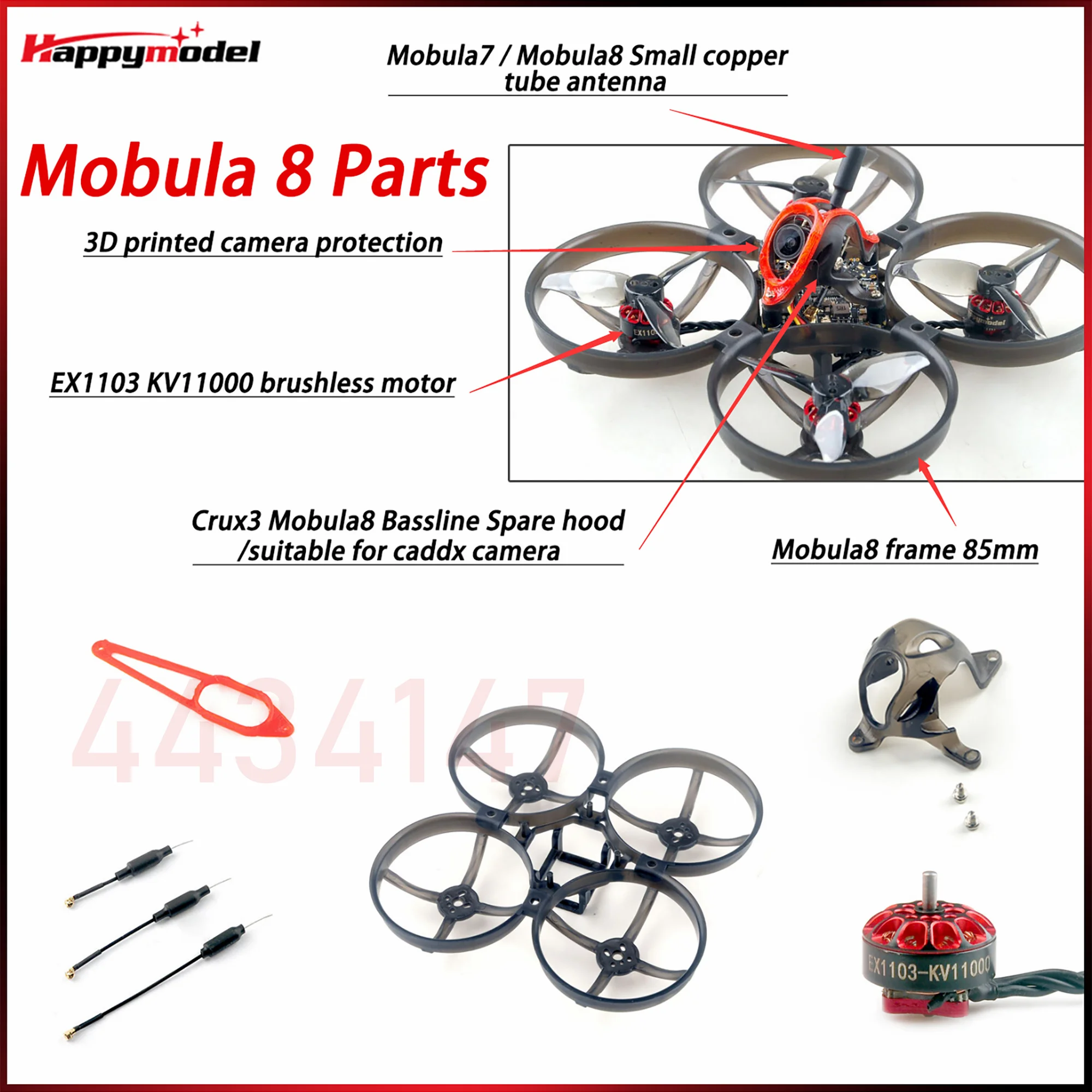 Happymodel EX1103 KV11000 Brushless Motor / TPU 3D Print Lens Protector /85mm Frame /Caddx Canopy / Mobula 8 Replacement Parts