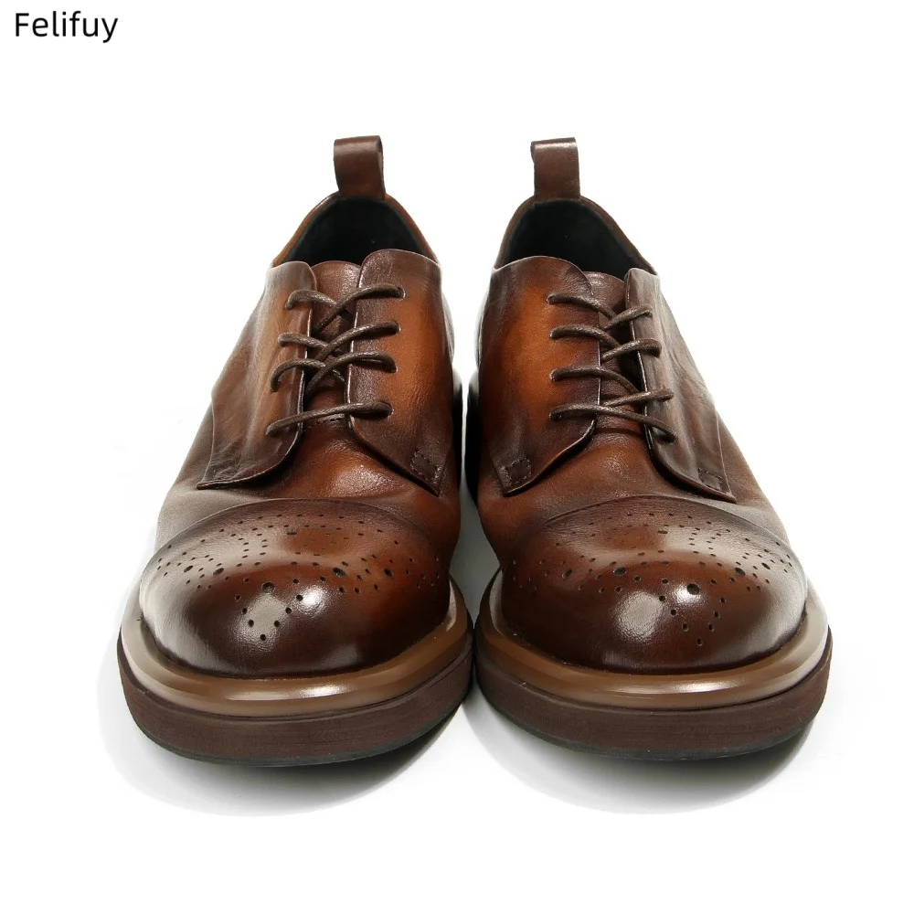 British Carving Brogue Men's Shoes Carved Fashion Casual Genuine Leather Shoes with Cowhide Retro Handmade Retro Thick Sole Shoe