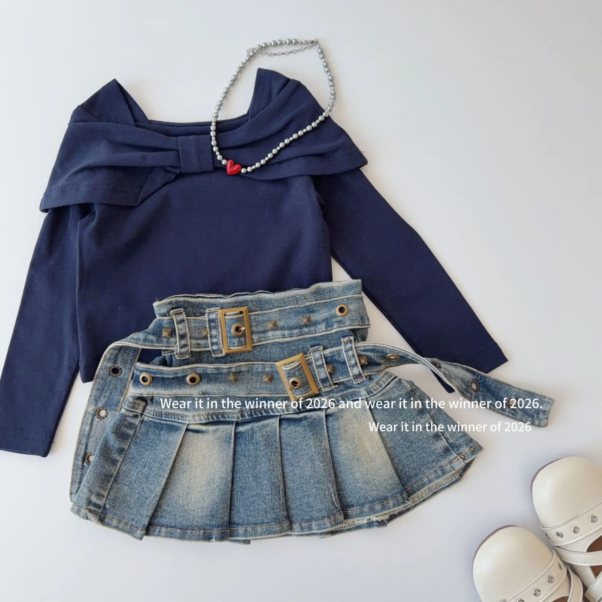 Girls Fall New Korean 2026 Light Solid Bow Knot Collar Covered Shoulder Square Neck Stylish Short Long Sleeve Top