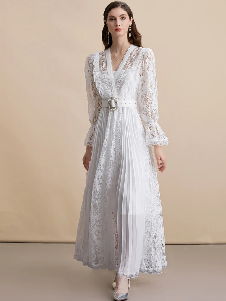 럭셔리 비치 브이넥 레이스 패치워크 드레스 여성용 2026 봄 여름 화이트 플리츠 시스루 미디 드레스 벨트 포함 INKEO 5D263
