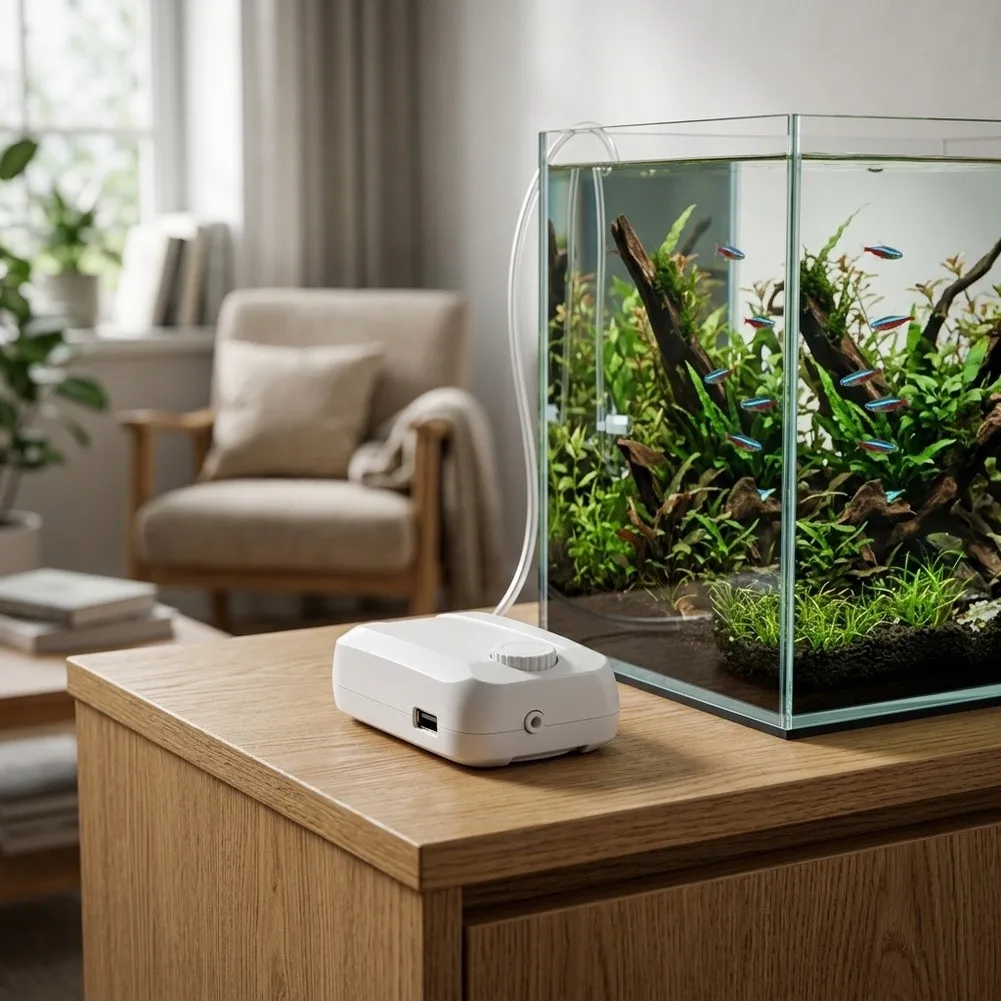 Silent 8W Air Pump 220V for Aquariums Dual Outlet 2-4L/MIN Air Flow Fits 70-700L Fish Tanks 15x10x10cm Compact